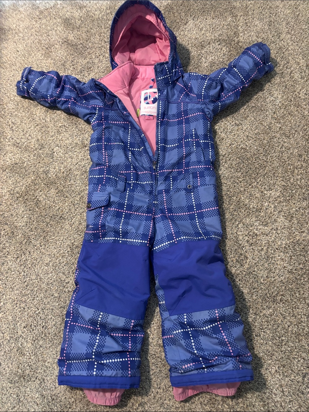Burton purple, pink Plaid one piece snowsuit with Pink Lining